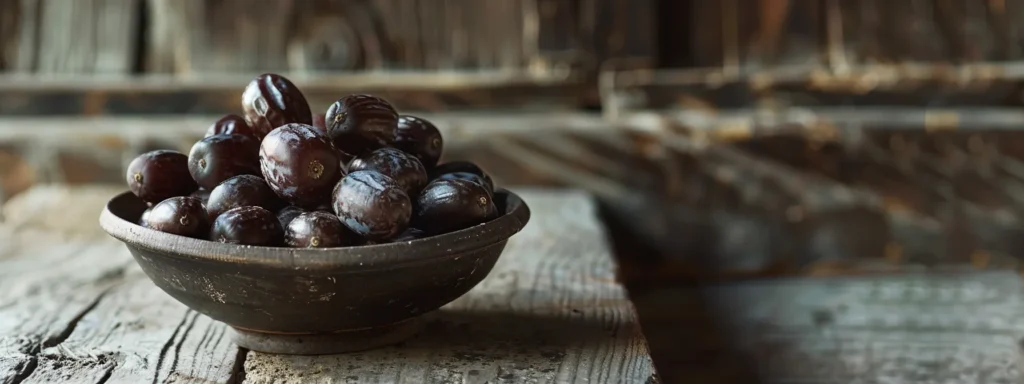 a bowl filled with plump, succulent ajwa aaliyah dates, arranged artfully on a rustic wooden table.