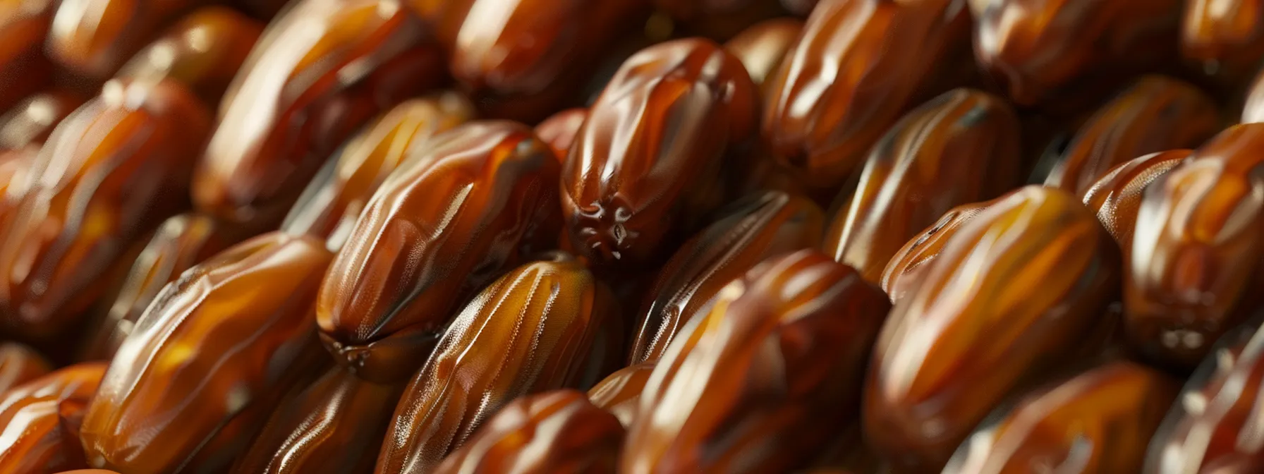 a close-up shot of plump, glossy ajwa aaliyah dates arranged in a neat row, showcasing their rich color and enticing texture.