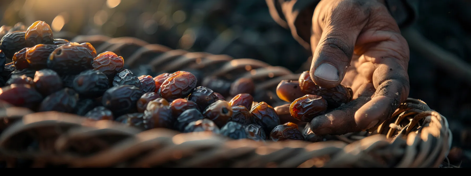 a close-up shot of a hand selecting perfectly ripe and plump ajwa aaliyah dates from a basket, showcasing their rich color and freshness.