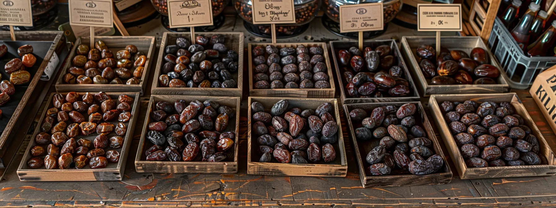 a display of plump, dark ajwa aaliyah dates arranged in neat rows on a wooden table, surrounded by rustic packaging and authenticity certificates.