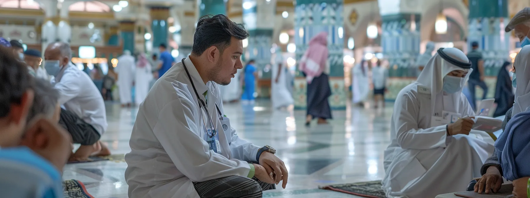 a doctor providing medical aid to a pilgrim in need during umrah, ensuring a safe and well-supported journey.