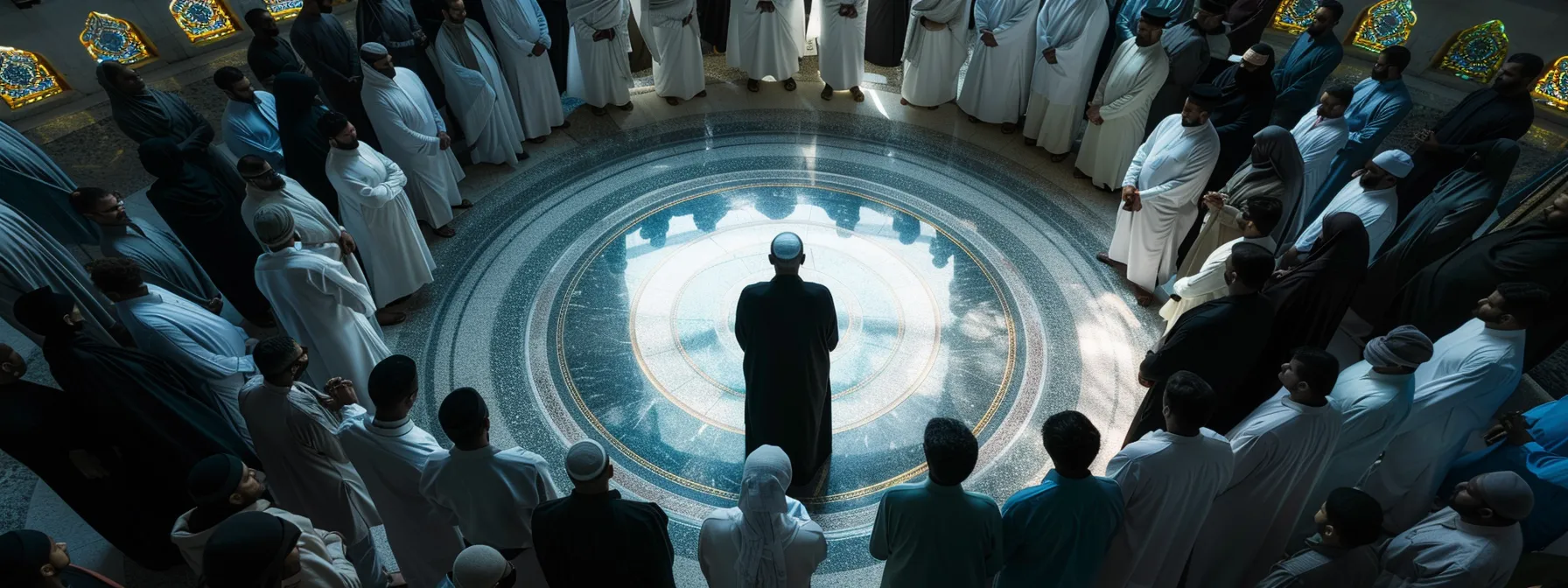 a group of devout muslims in singapore gather around a solemn figure representing badal haji, symbolizing the important responsibility of fulfilling pilgrimage obligations on behalf of others.