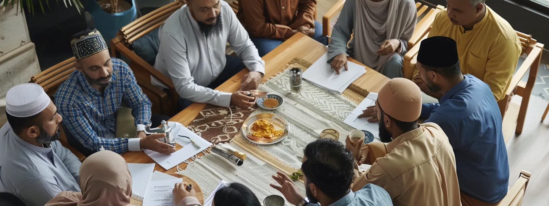 a group of diverse muslims in singapore gathered around a table covered with client testimonials, online reviews, and trusted recommendations, engaged in discussions to select a trustworthy badal haji service.