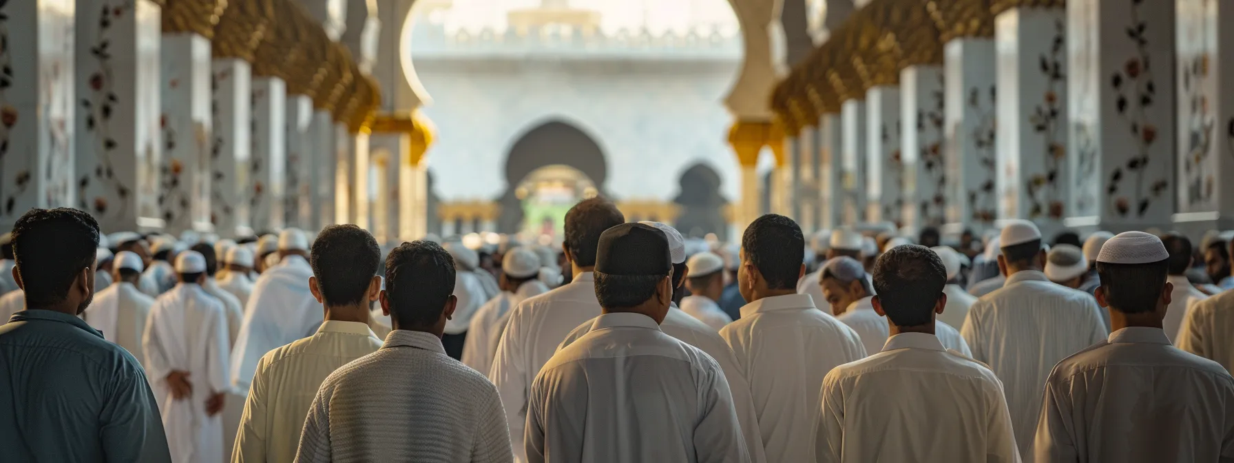 a group of pilgrims at a vibrant umrah gathering, eagerly listening to a representative from kheiri care as he explains the comprehensive coverage and seamless emergency services provided during the pilgrimage.