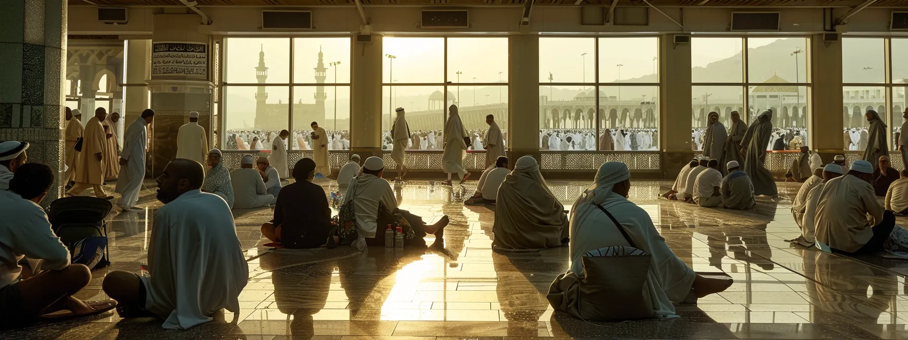 a group of pilgrims receiving guidance on managing fatigue and maintaining proper hygiene during their umrah pilgrimage at al-khairi care.