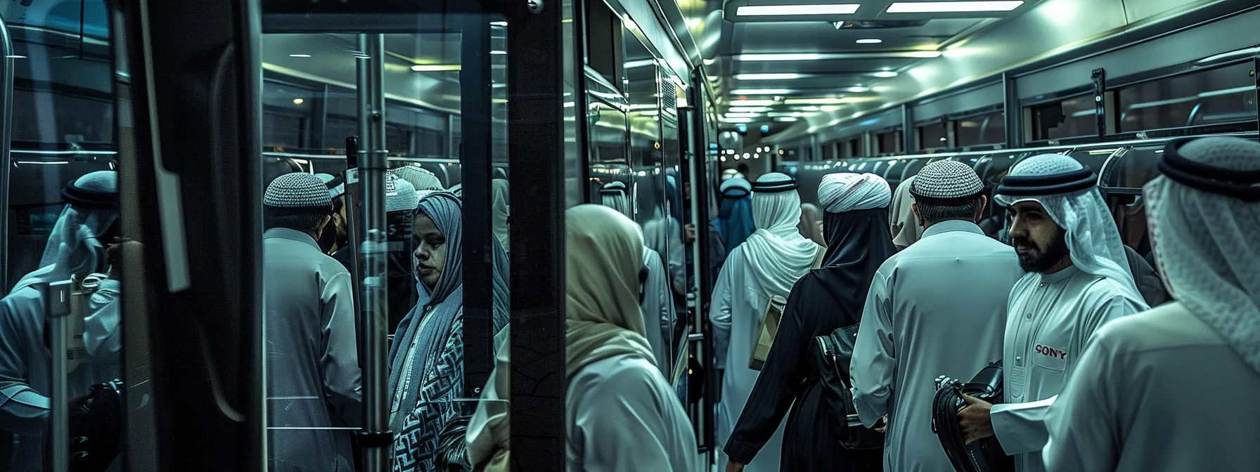 a group of umrah pilgrims boarding a modern, spacious bus provided by al-khairi care, ensuring safe and reliable transportation for their journey.