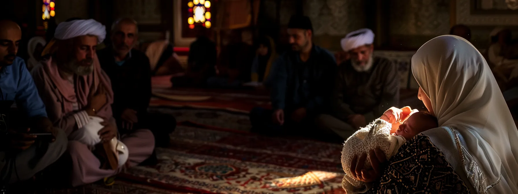 a newborn baby being gently cradled by an imam during a traditional tahnik ceremony in a softly lit mosque.