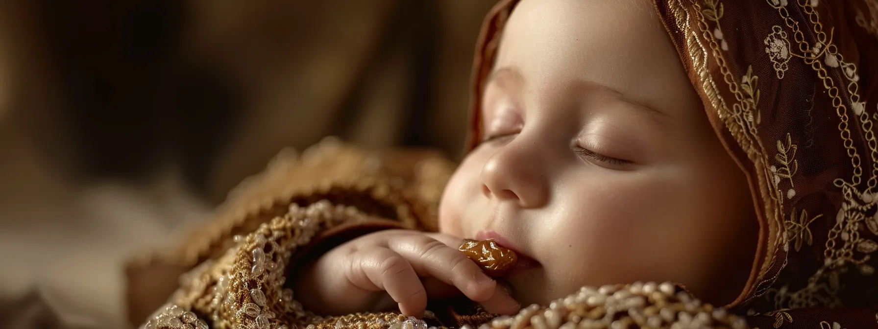 a newborn baby receiving tahnik with a gentle touch of blessed dates on their lips, symbolizing the spiritual protection and blessings bestowed upon them in the islamic tradition.