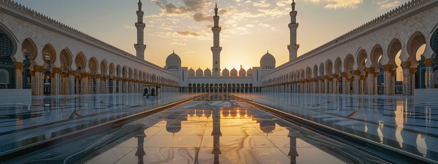 a peaceful and serene mosque courtyard with a group of umrah pilgrims in the background, showcasing the benefits of choosing kheiri care through their calm expressions and worry-free demeanor.