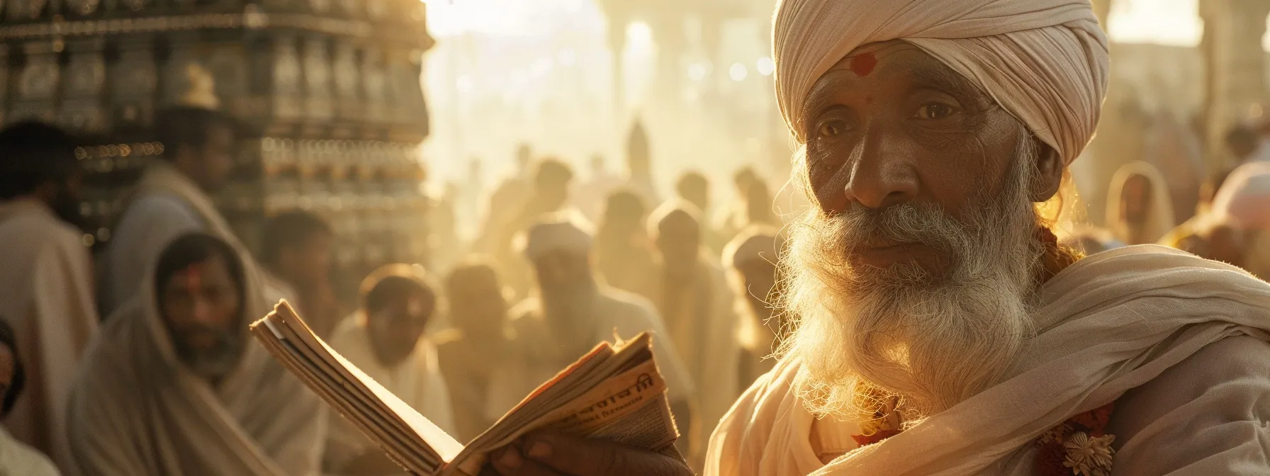 a pilgrim holding a kheiri care enrollment form with a serene expression, surrounded by a halo of light, symbolizing seamless access to cashless medical services on their sacred journey.