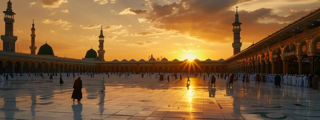 a serene and peaceful landscape at sunset with a group of pilgrims performing umrah rituals under the guidance of al-khairi care.