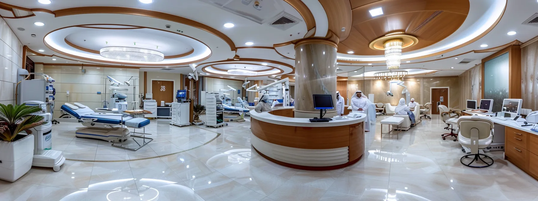 a serene, modern medical clinic interior with state-of-the-art equipment, where a friendly healthcare provider offers post-umrah health consultations to a group of pilgrims.