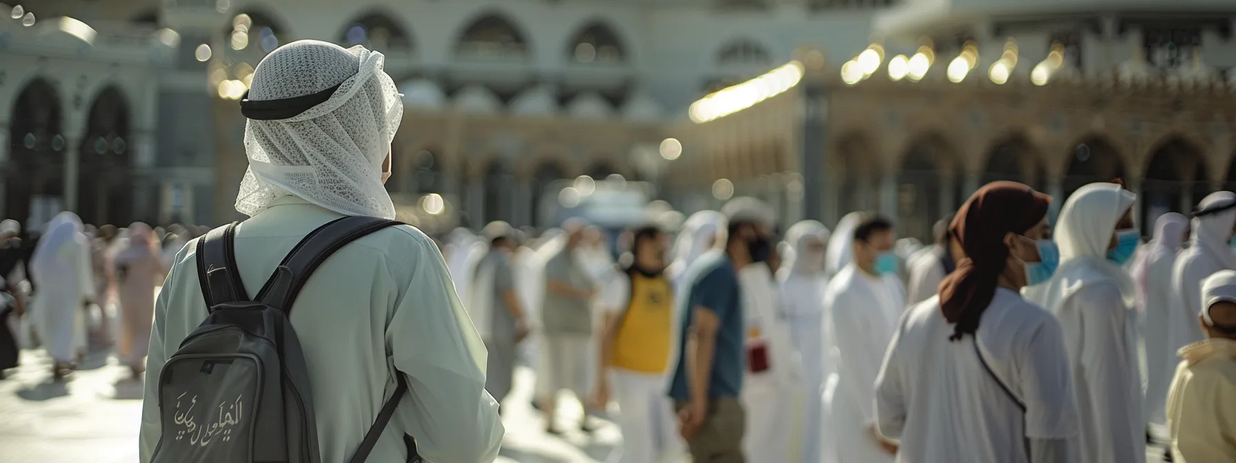 a serene umrah pilgrim surrounded by a supportive medical team, equipped with advanced health services and technology for a safe journey.