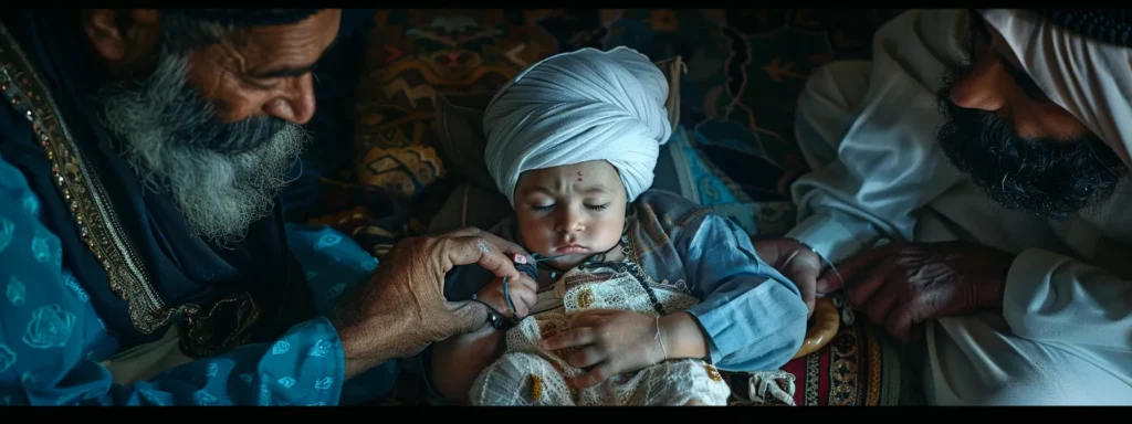 an islamic scholar holding a baby gently for tahnik, while another person is seen tying a black thread around the baby's wrist for tahliq in a peaceful and traditional setting.