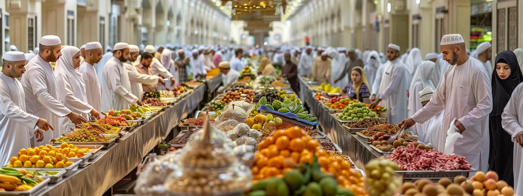 in a bustling marketplace in mecca, umrah pilgrims are seen enjoying a nutritious meal provided by al-khairi care, surrounded by vibrant fruits, fresh vegetables, and aromatic spices.