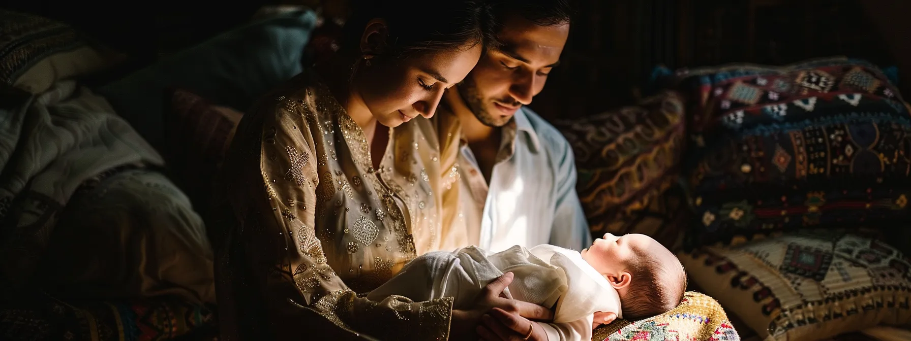 parents gently cradling their newborn baby in a softly lit room, preparing for the traditional tahnik and tahliq rituals with a sense of reverence and love.